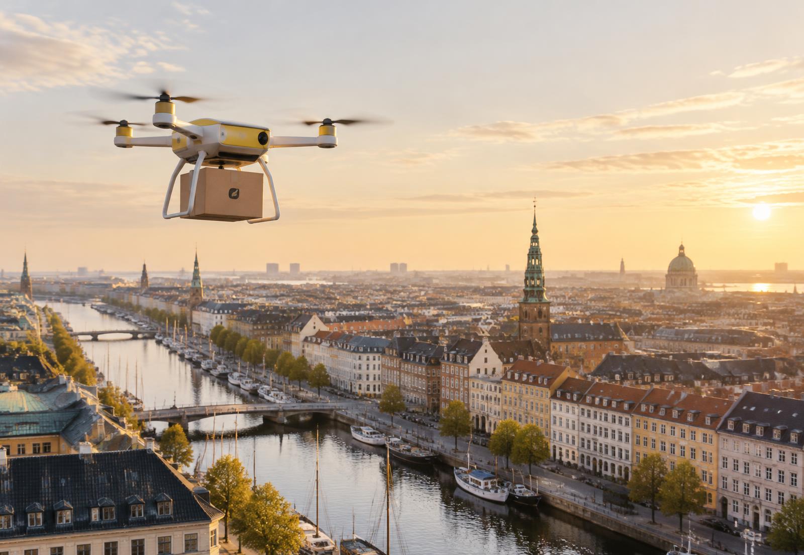 Konceptillustration af en pakkedrone over København